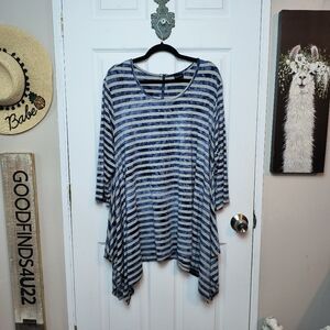 Lavanya Asymmetrical Plus Size 2XL Tunic Blouse Blue Striped Top Flowy Stretch